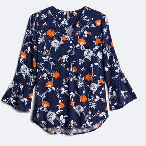 Stitch Fix Floral V-Neck Bell Sleeve Top - Navy and Orange